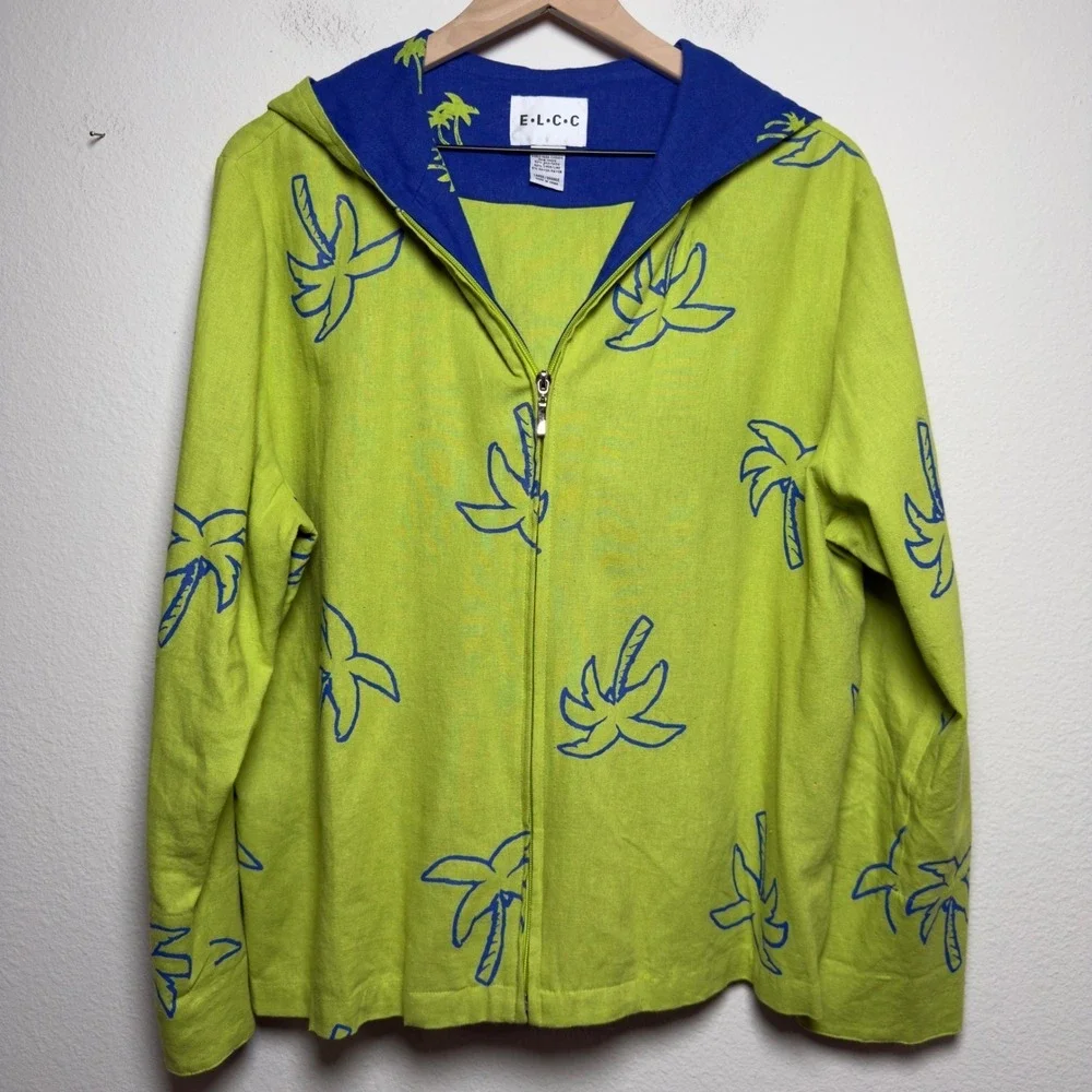 Women Silk Linen Zip Up Hoodie Large Lime Green Palm Tree Tropical Jacket Resort